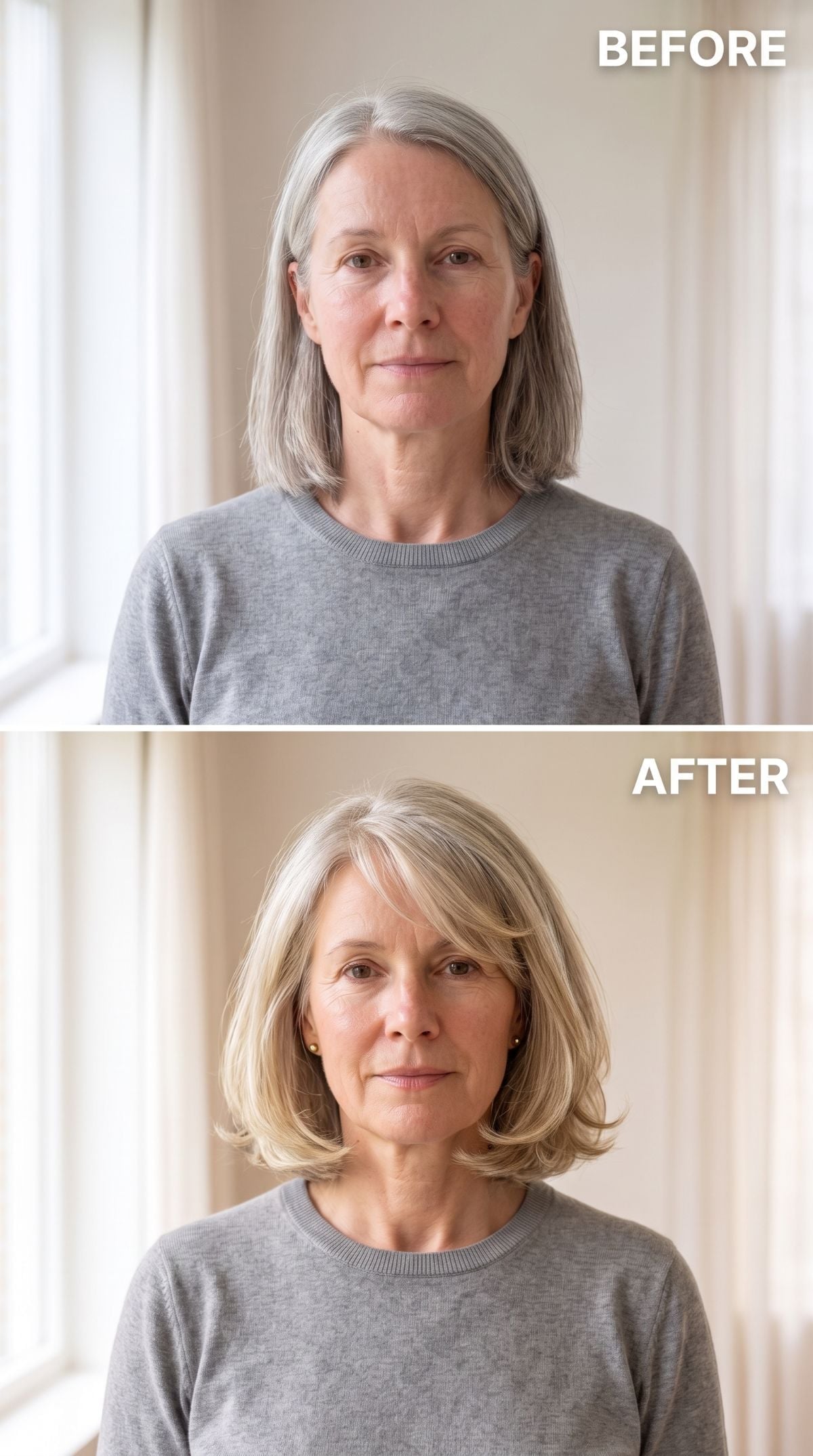 Long gray hair transformed into a soft blonde bob with flipped ends