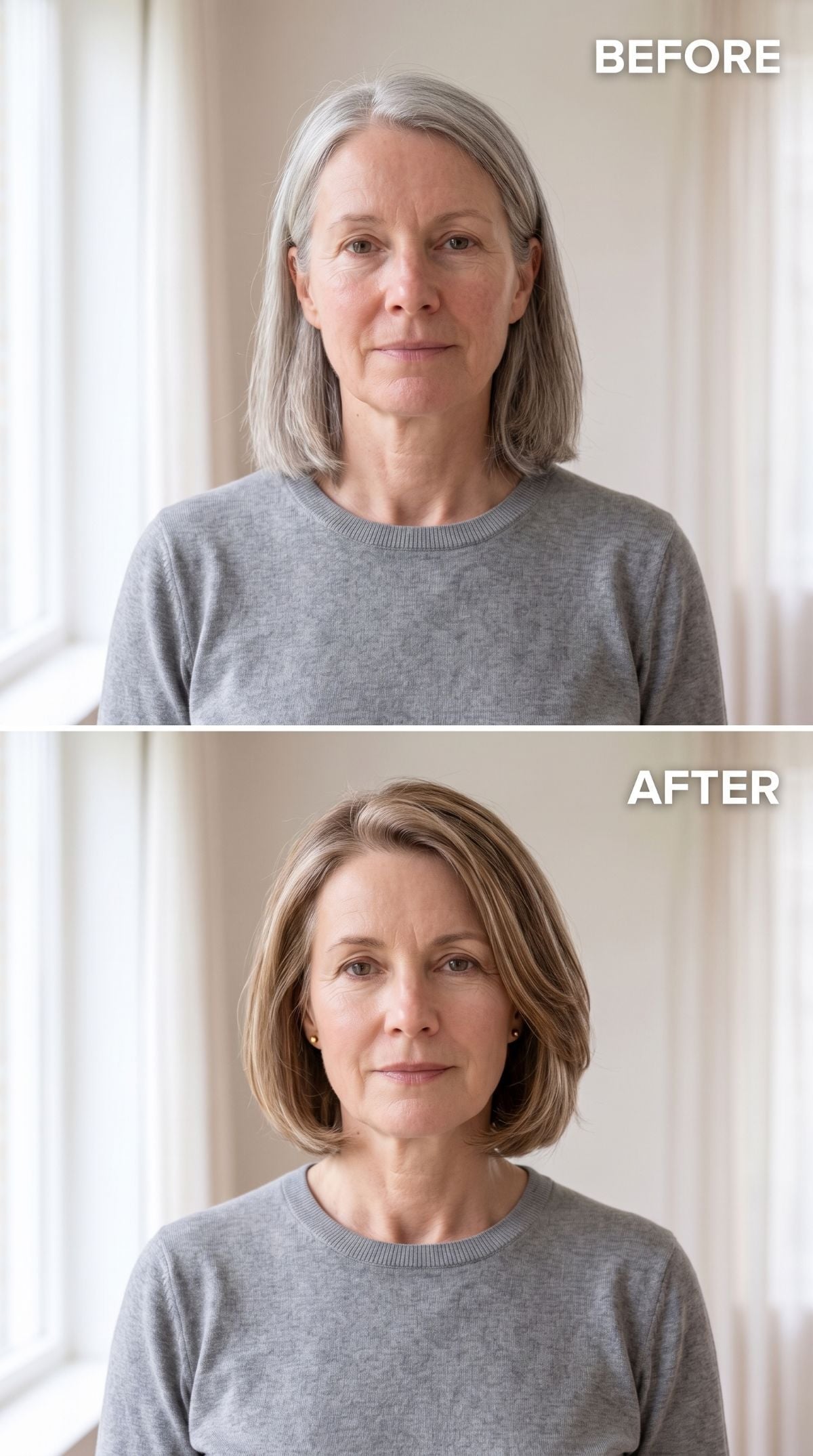 Long gray hair transformed into an angled blonde bob