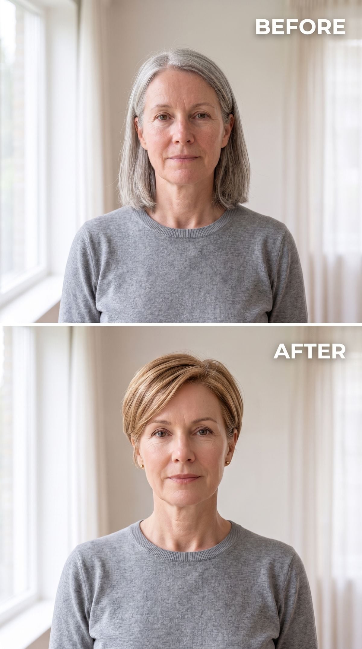 Long gray hair transformed into a honey-blonde side-swept pixie