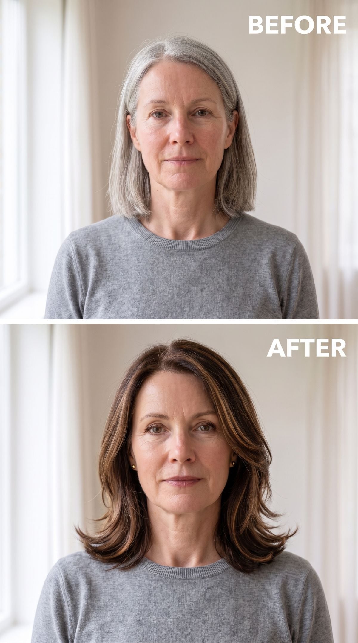 Gray hair transformed with warm brown layers and caramel highlights