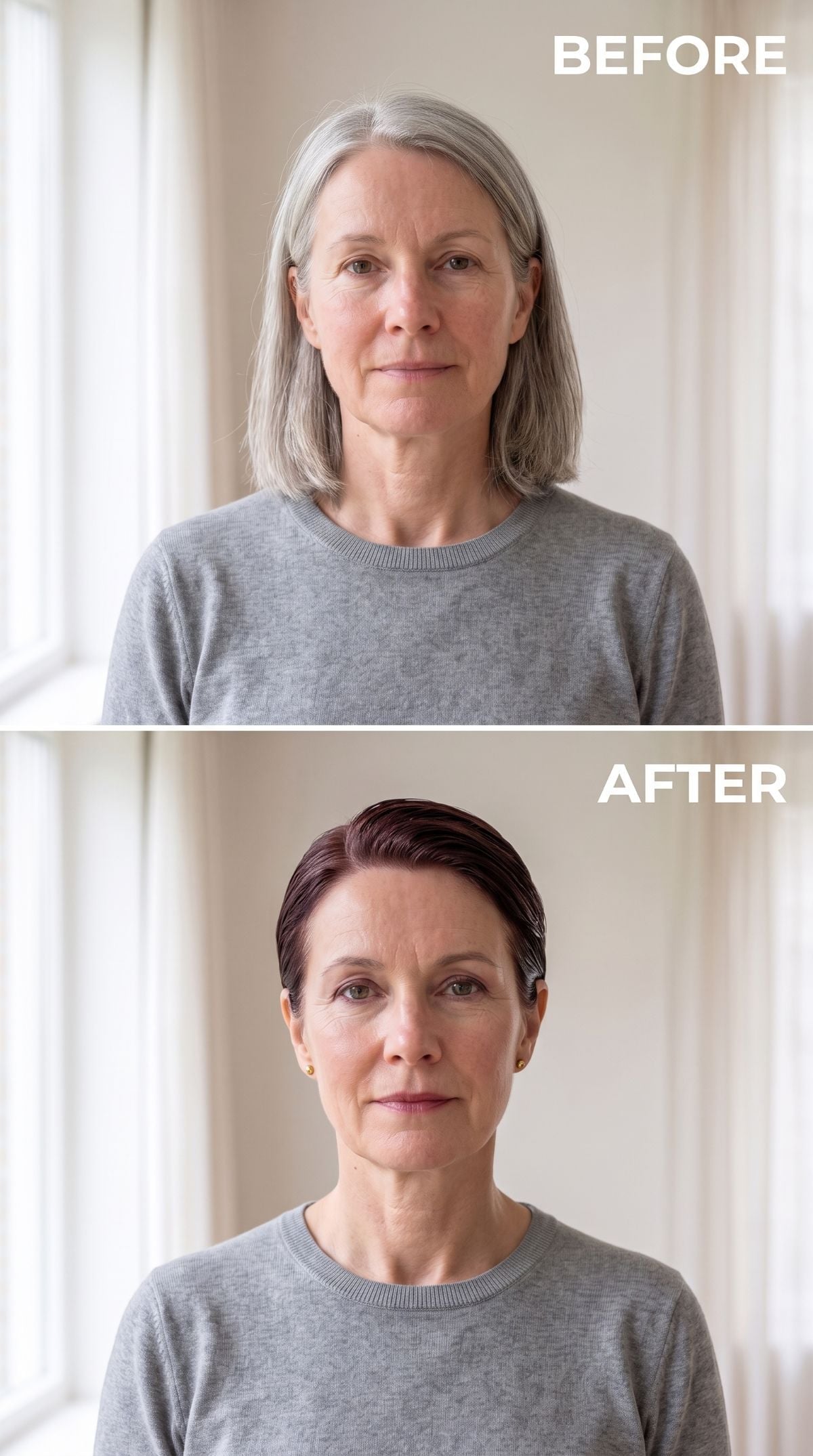 Long gray hair transformed into a sleek dark auburn pixie