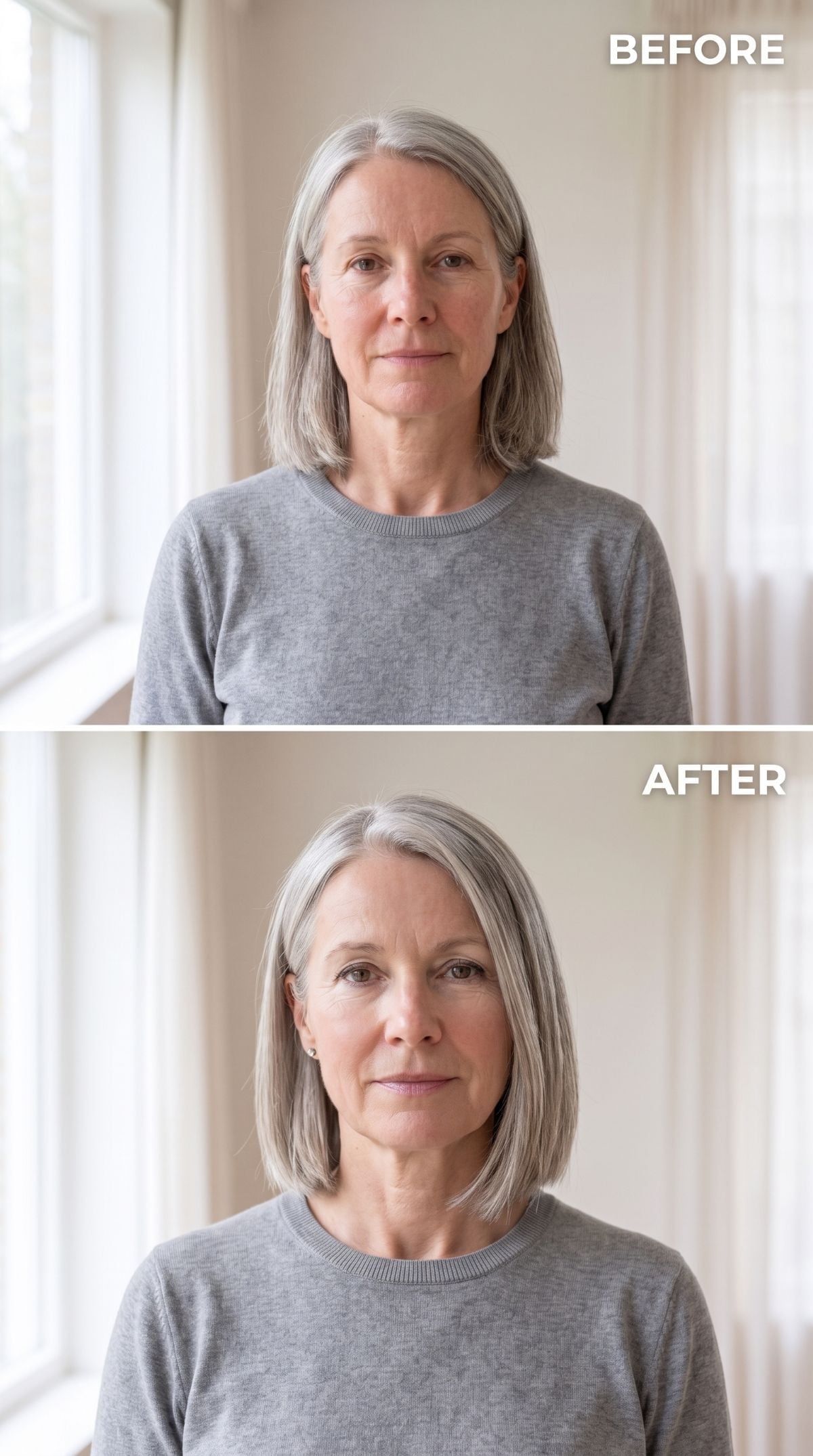 Long gray hair transformed into a sleek center-parted silver bob
