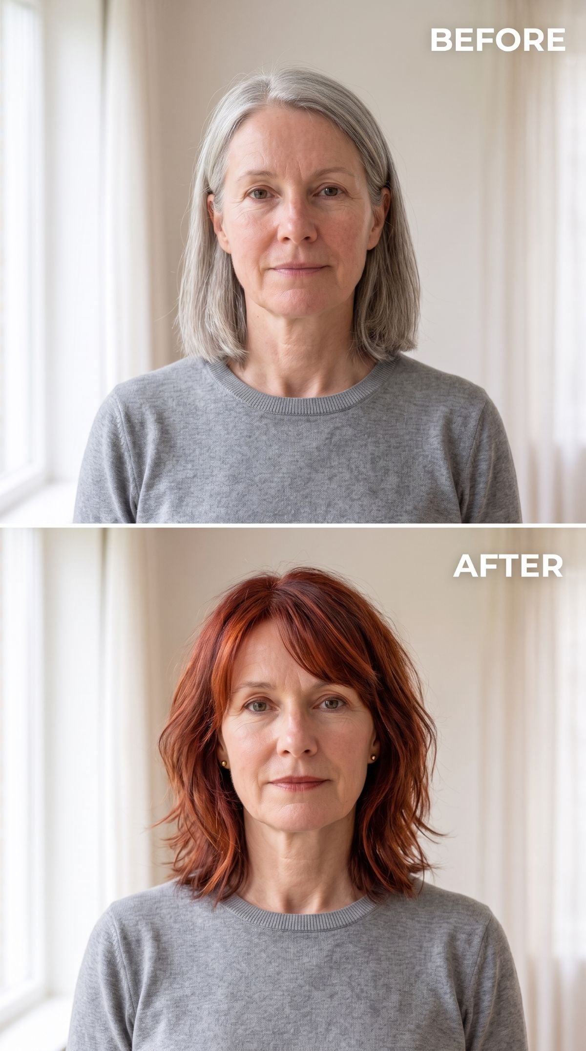 Long gray hair transformed into an auburn shoulder-length shag