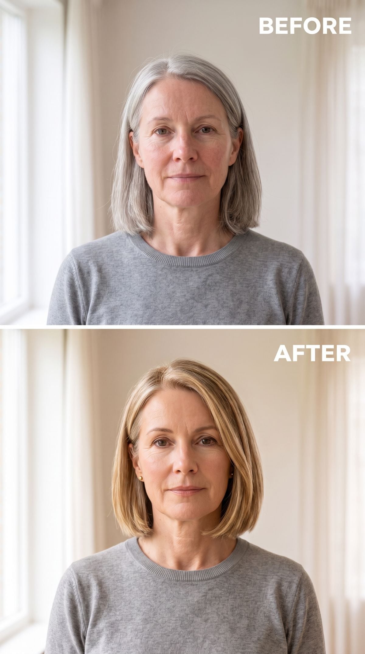 Long gray hair transformed into a golden blonde bob