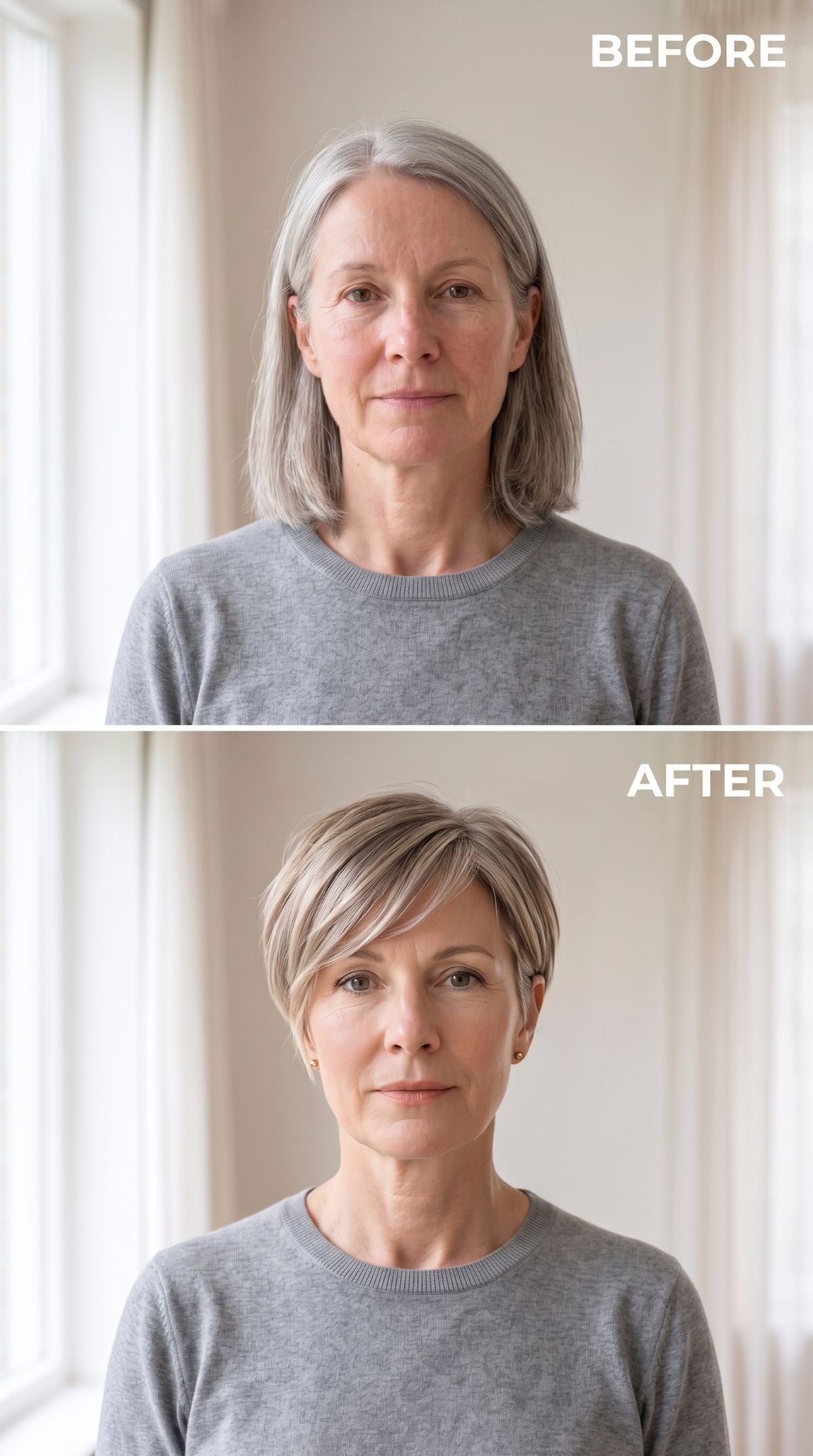 Long gray hair transformed into a short ash-blonde pixie