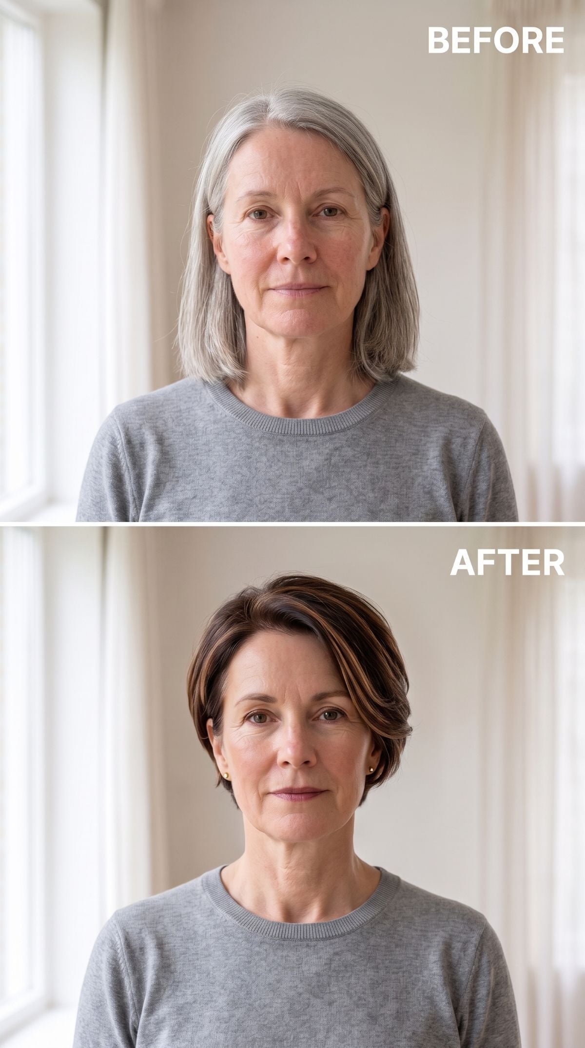 Long gray hair transformed into a short brunette crop