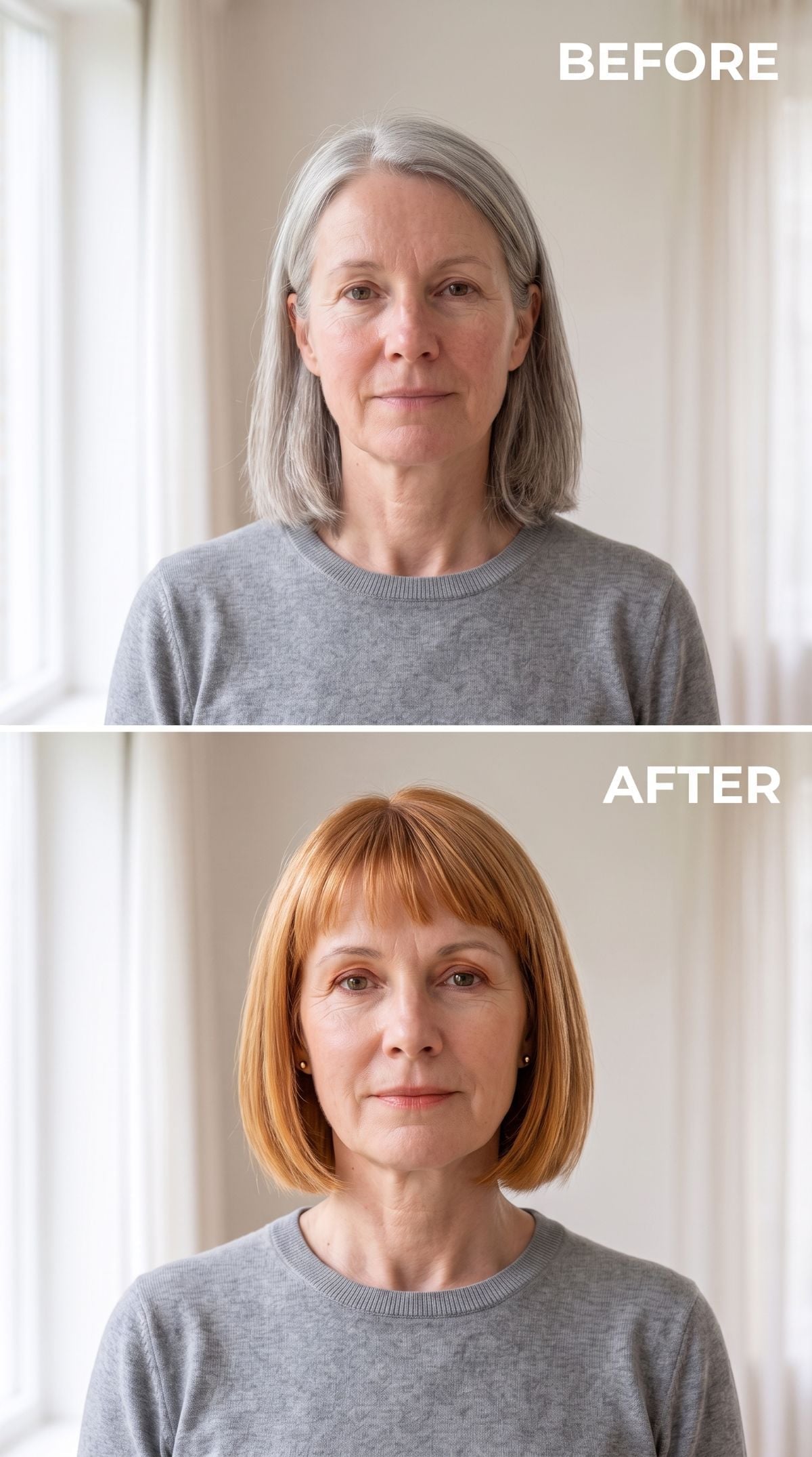 Long gray hair transformed into a copper bob with fringe