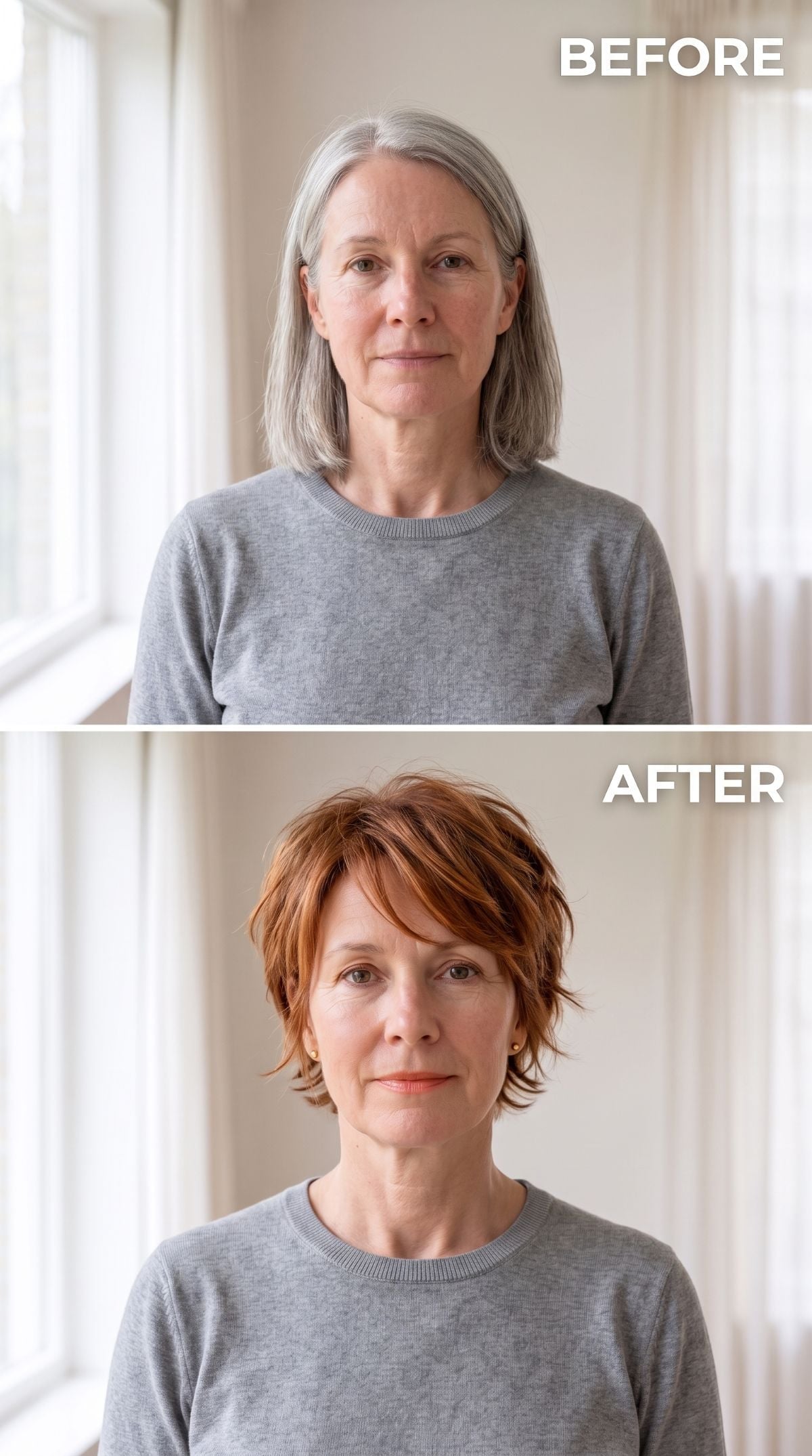 Long gray hair transformed into a short copper pixie