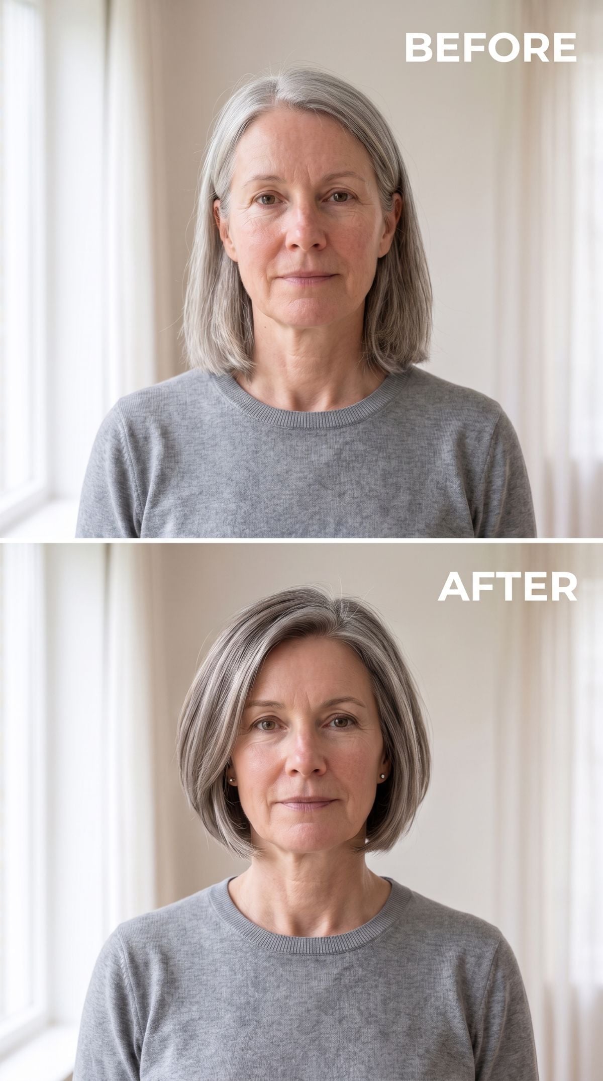 Long gray hair transformed into an angled silver bob