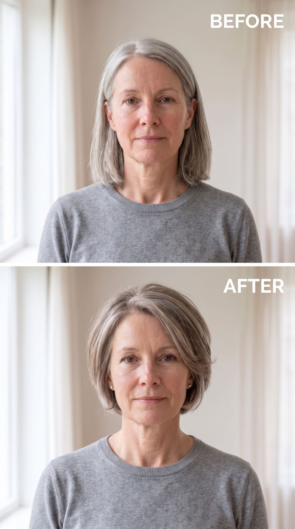 Long gray hair transformed into a layered silver bob