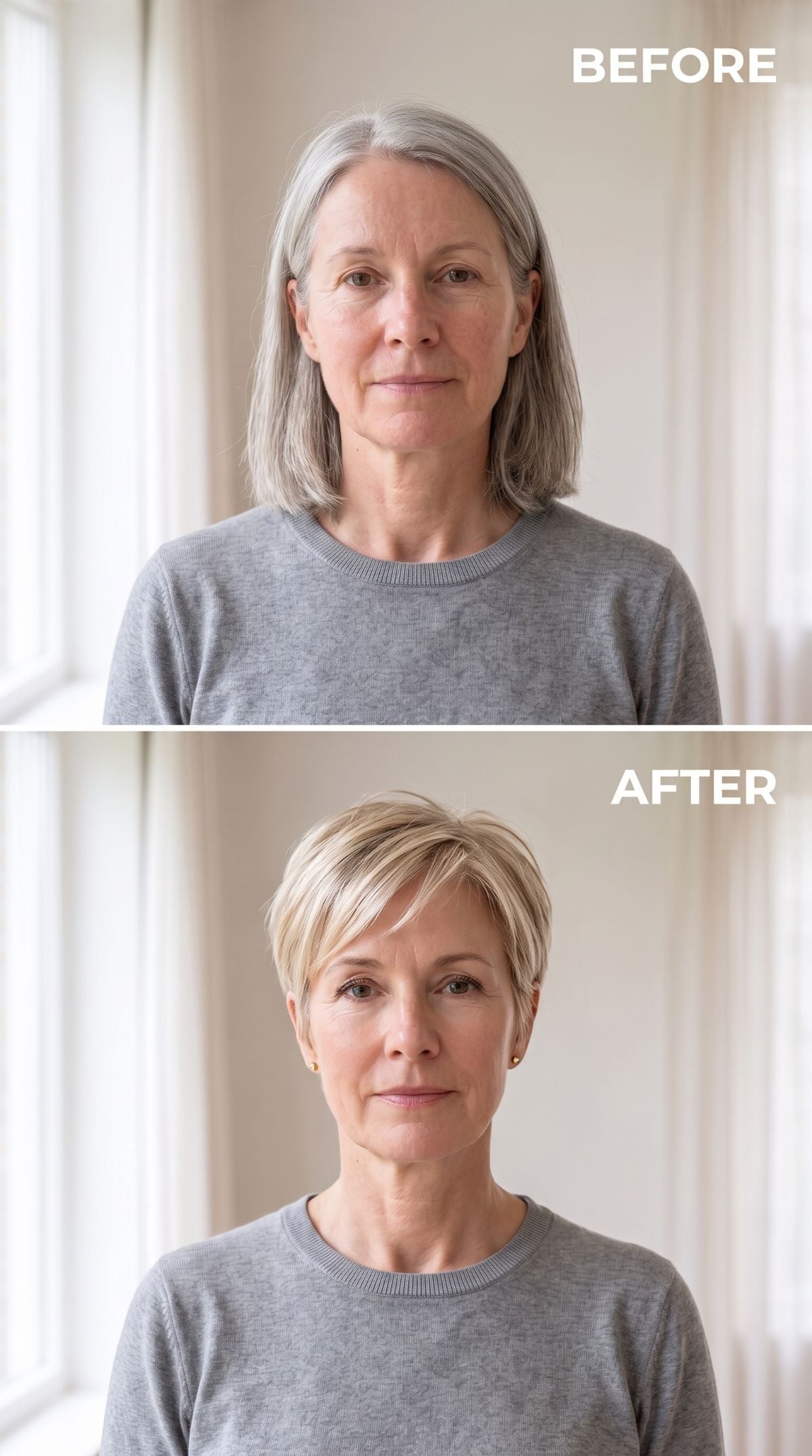 Long gray hair transformed into a golden blonde pixie