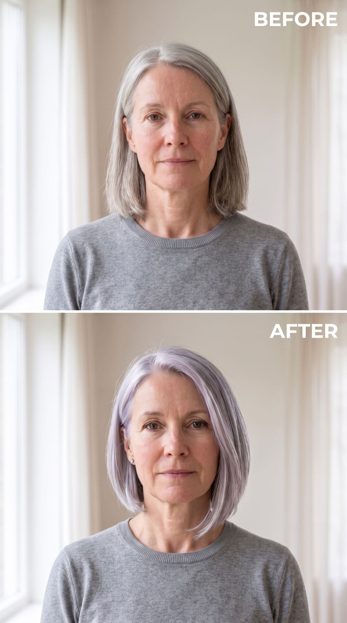 Silver-gray hair transformed into a soft lavender bob