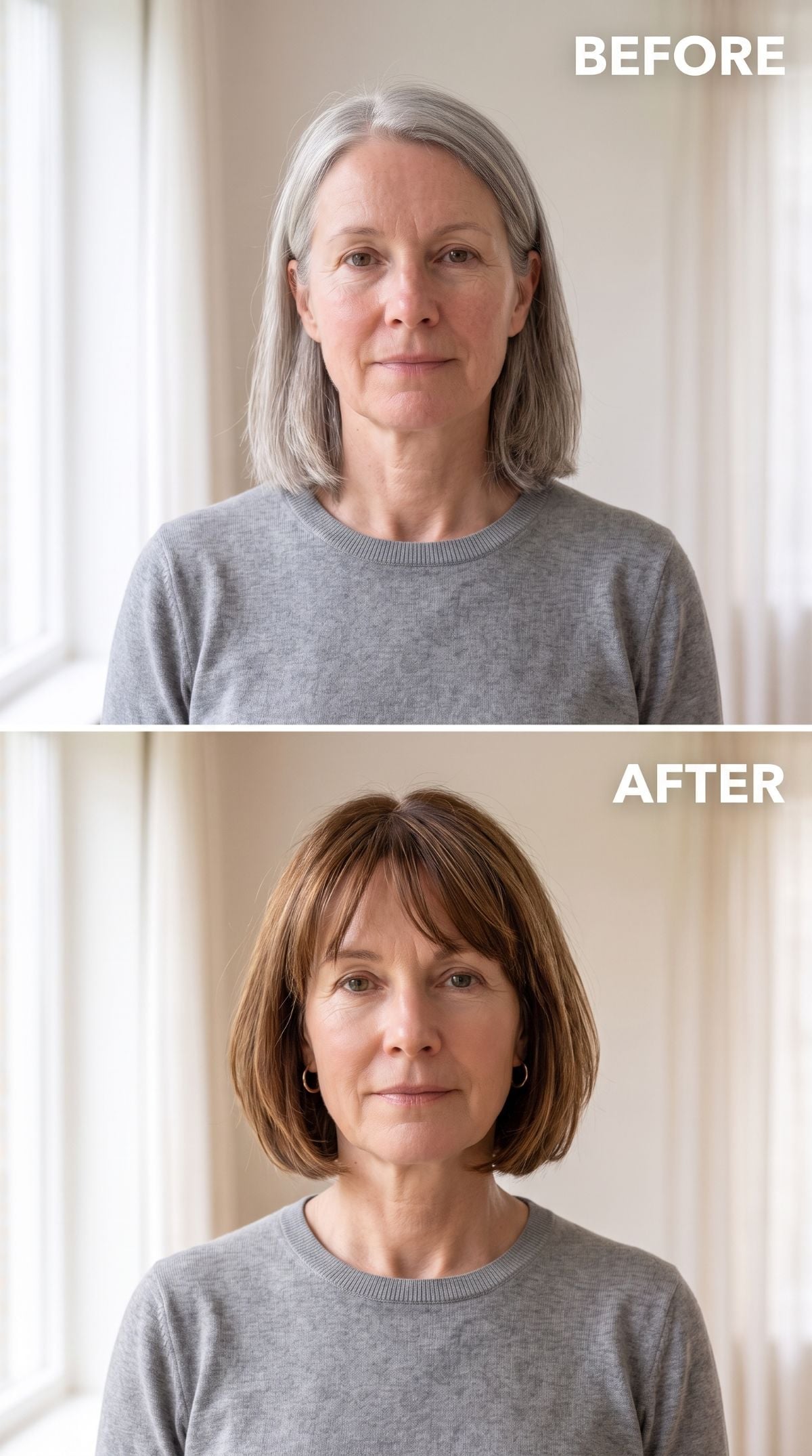 Long gray hair transformed into a brunette bob with soft fringe
