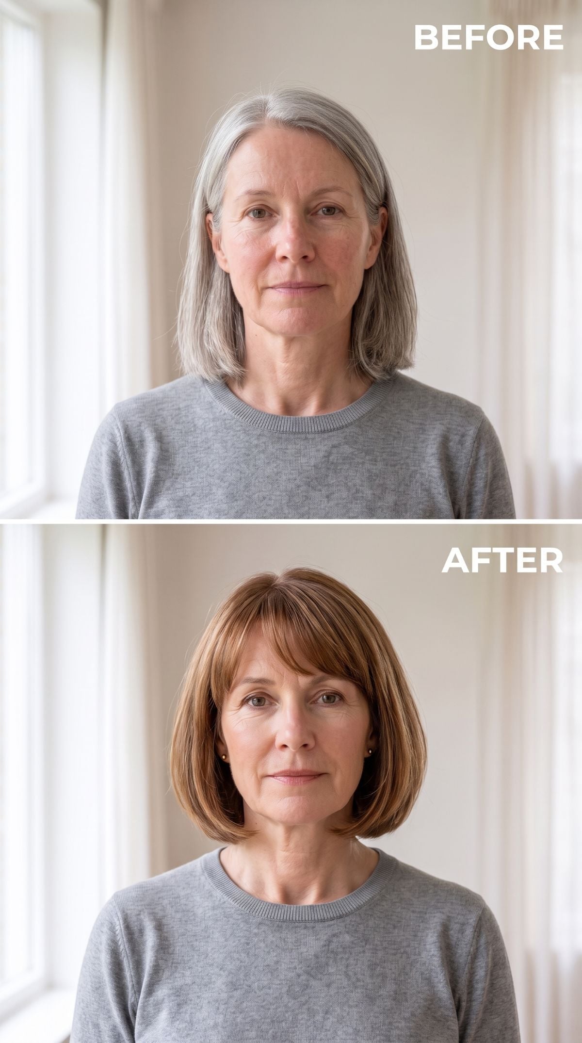 Long gray hair transformed into a warm chestnut bob with fringe