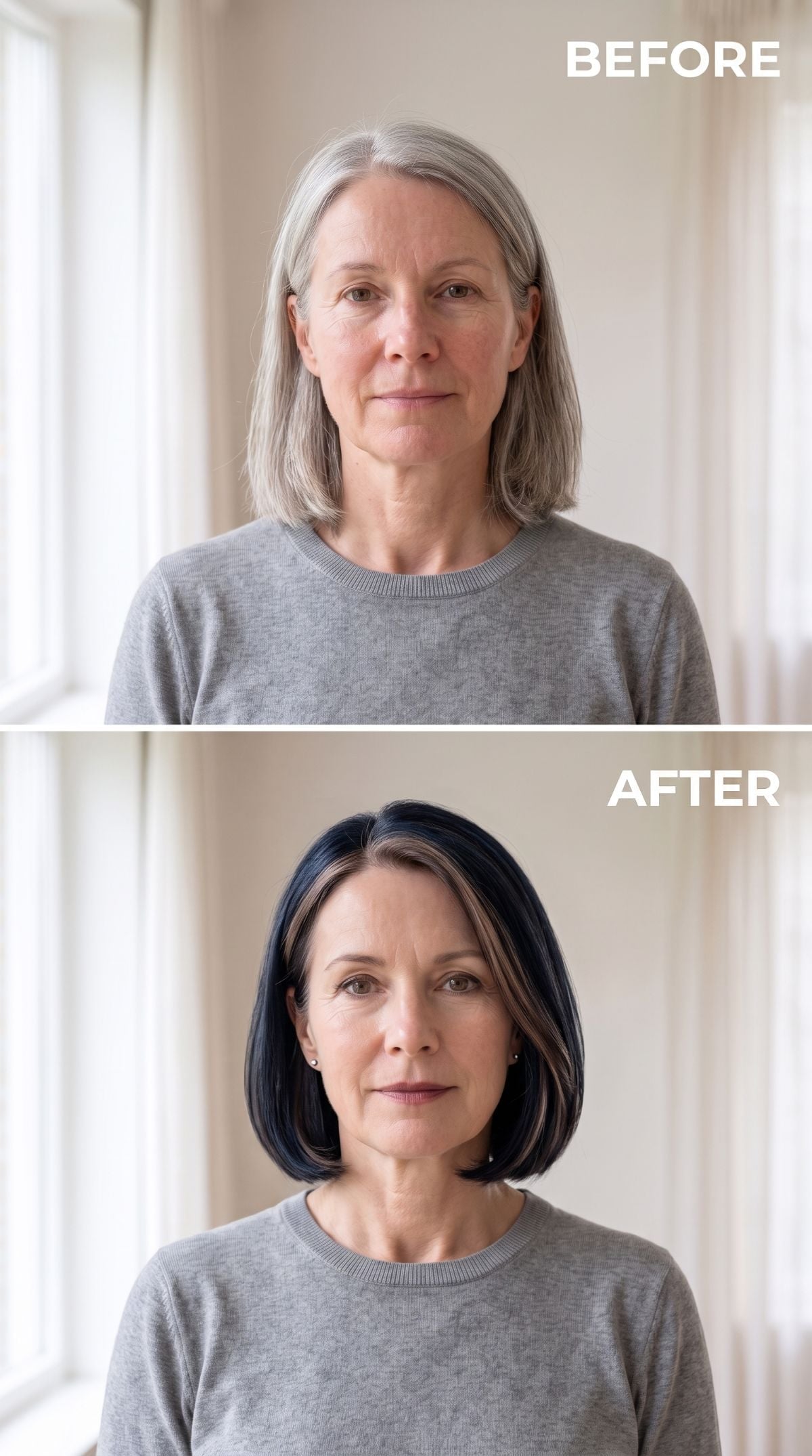 Navy bob with a sand-blonde color panel