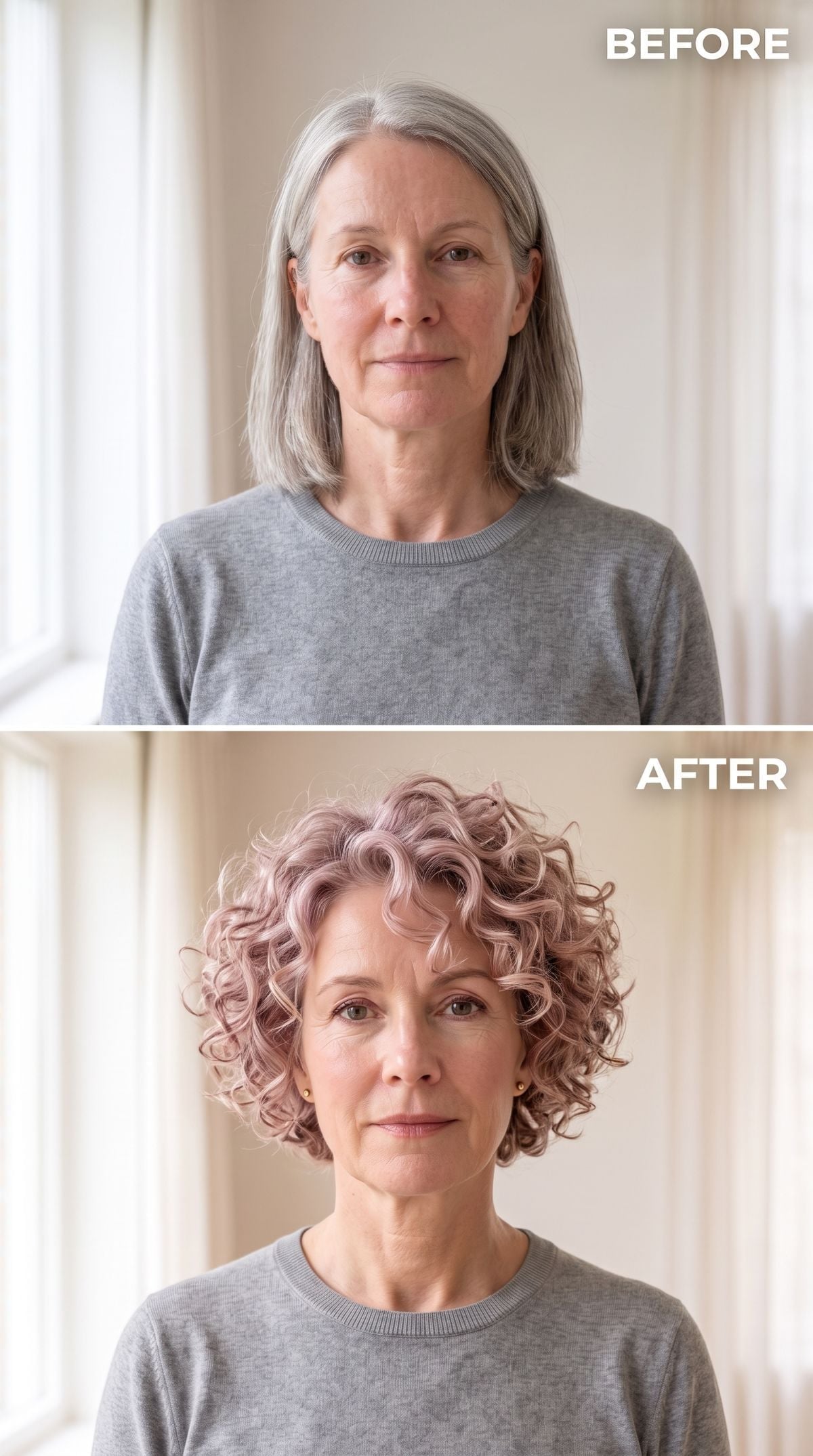 Dusty-rose curly bob transformation