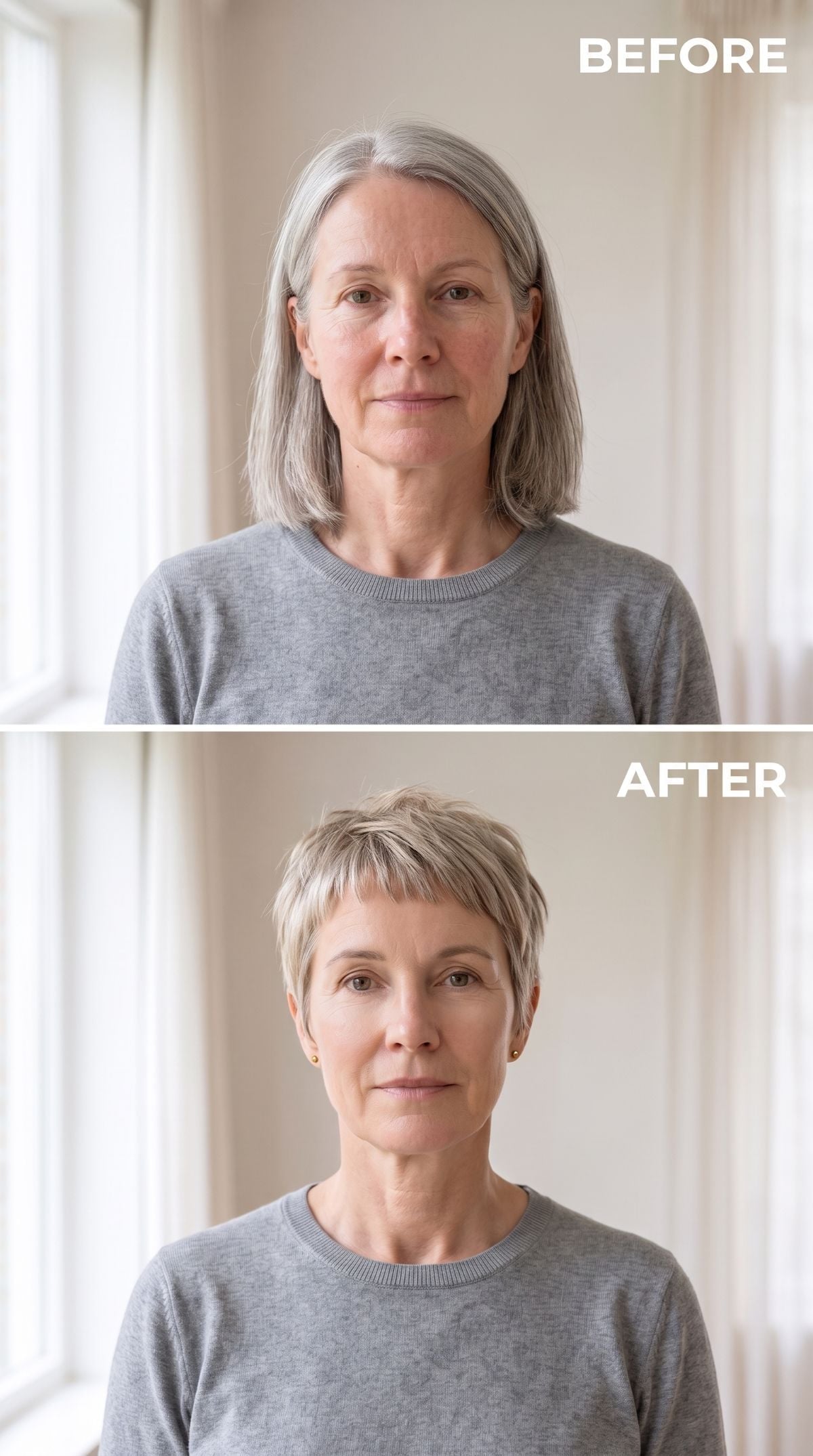 Long gray hair transformed into a textured blonde pixie