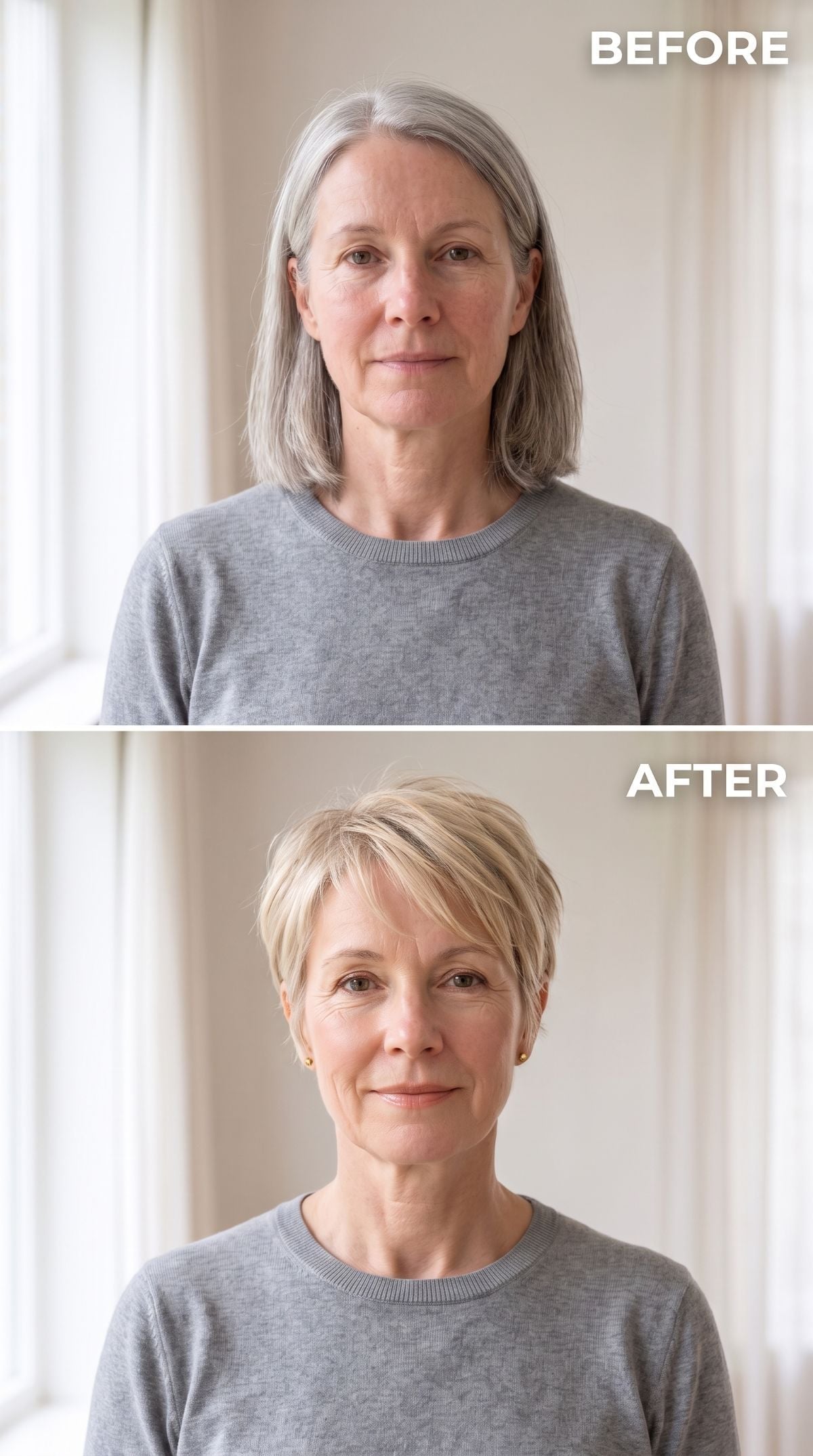 Shoulder-length gray hair transformed into a side-swept blonde pixie