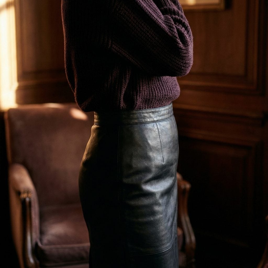 Black Leather Straight Skirt + Aubergine Knit