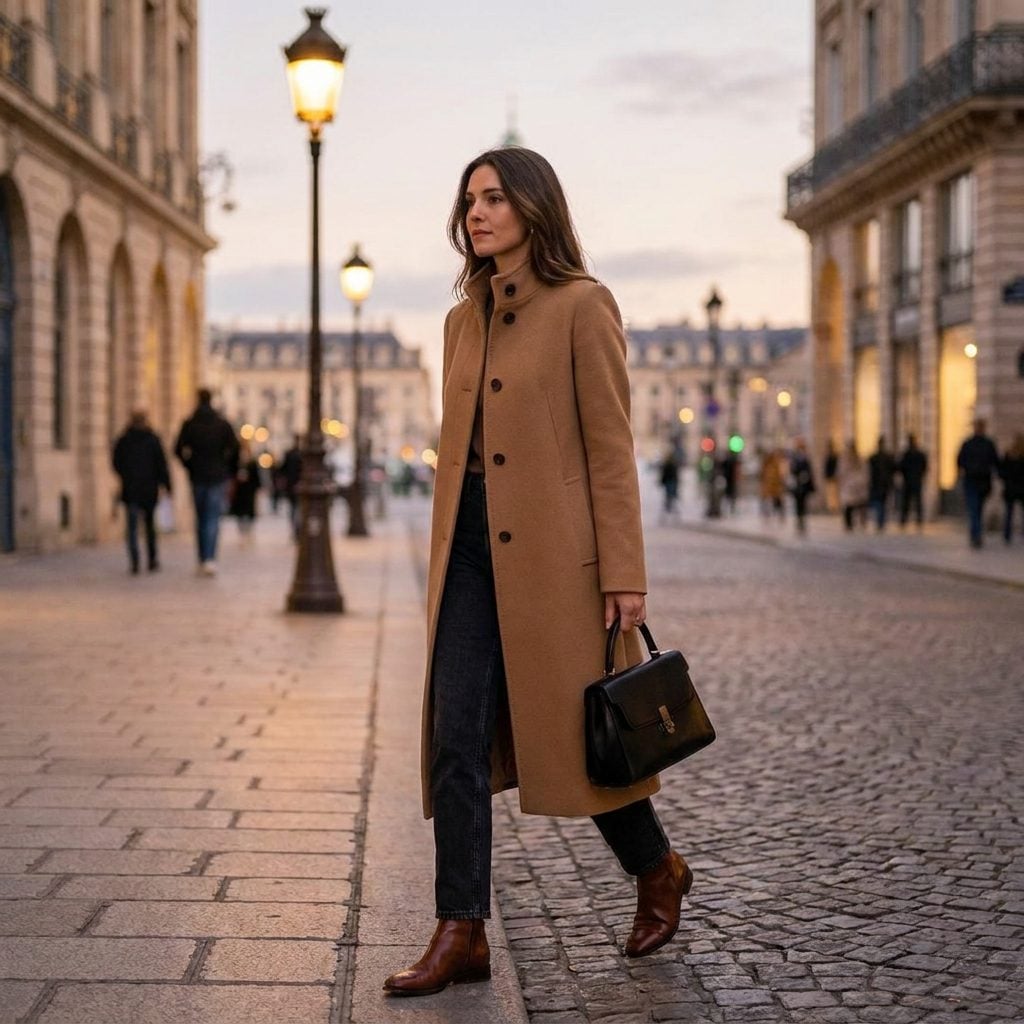 Finished With a Long Wool Coat, Leather Handbag, and Ankle Boots
