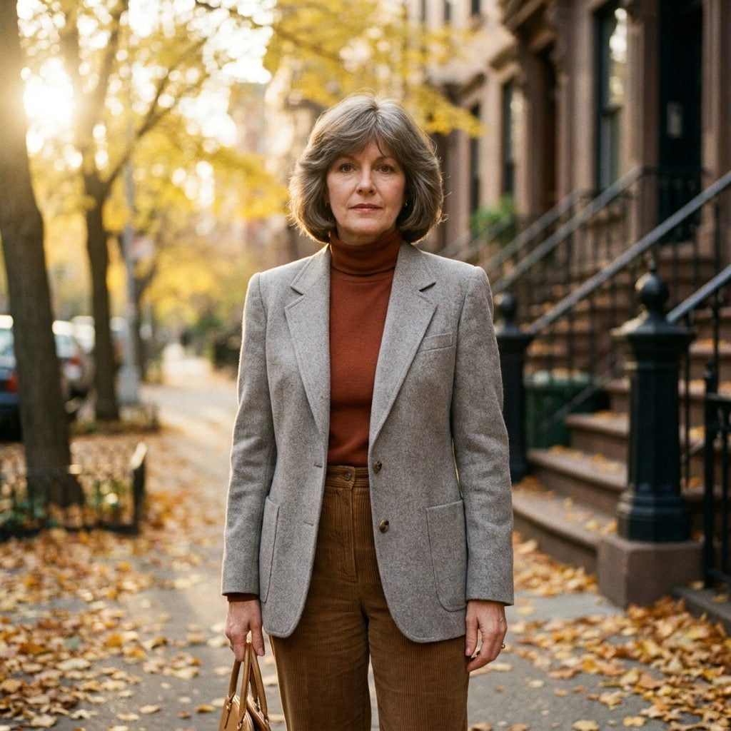 Long-Line Grey Blazer Over a Rust Turtleneck and Slim Cords