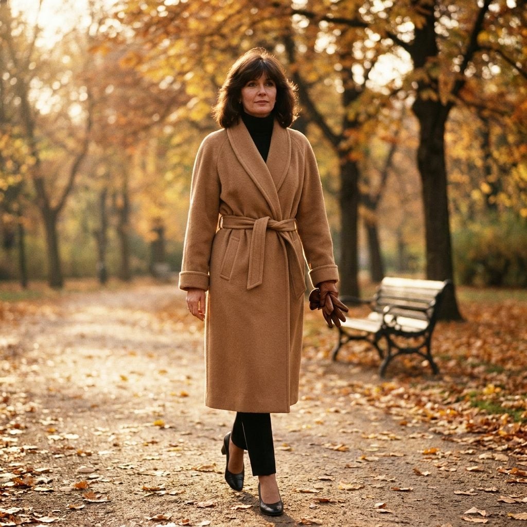 Camel Wrap Coat Over an All-Black Base