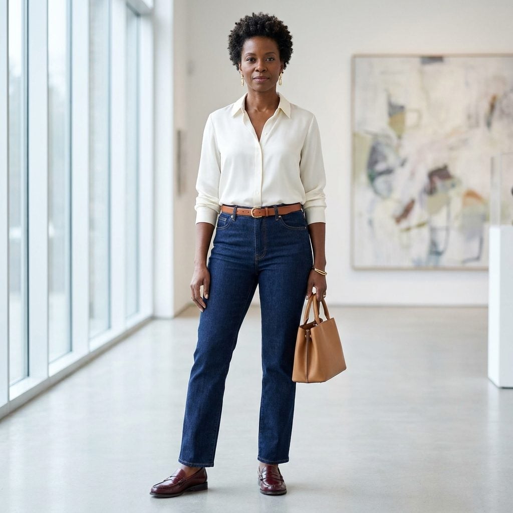 Belted Straight-Leg Jeans With a Tucked Silk Blouse and Loafers