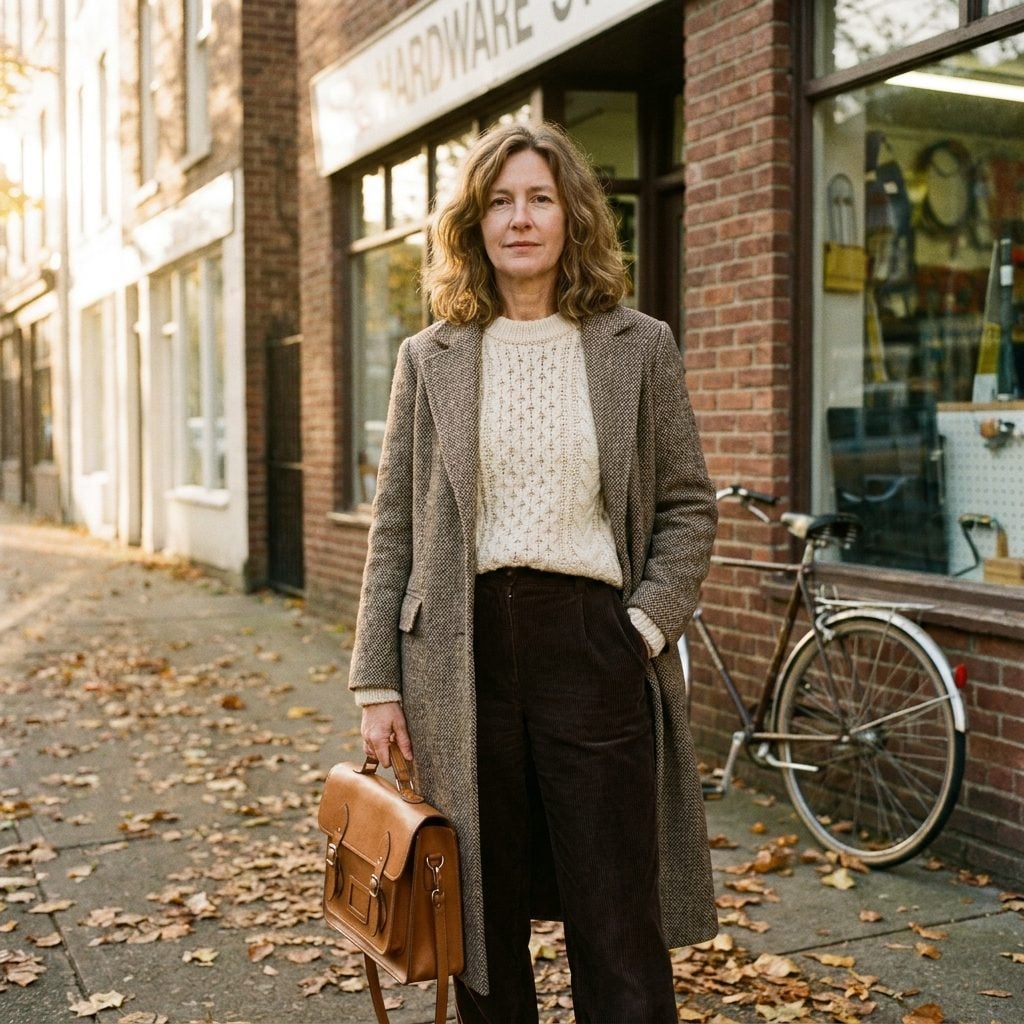 Espresso Corduroy Trousers, Cream Fisherman Knit, and a Long Tweed Coat