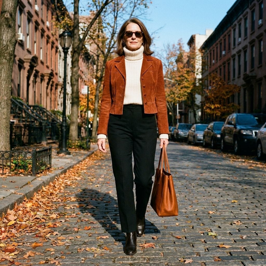 Rust Suede Jacket, Cream Turtleneck, and Black Straight Trousers