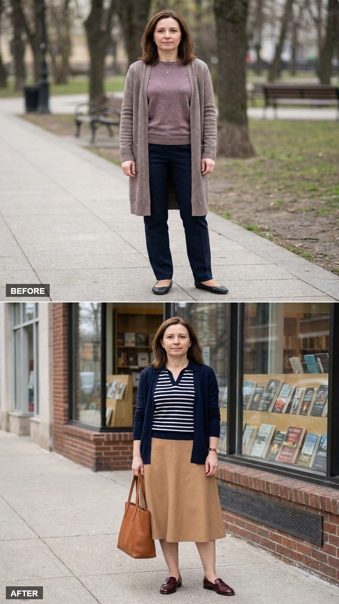 A-Line Camel Midi Skirt, Navy Striped Polo, and Burgundy Loafers Outside an Independent Bookstore