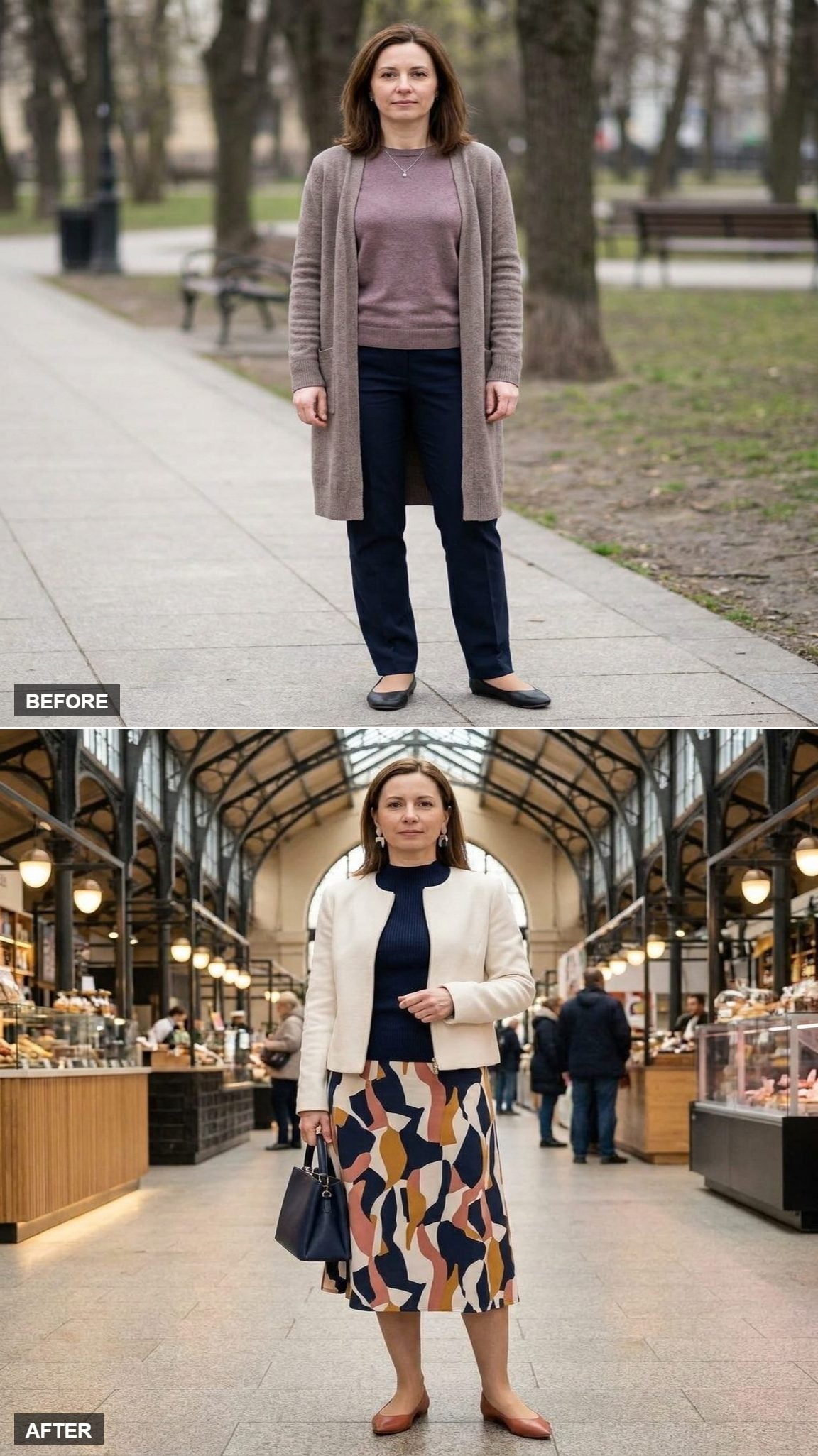 Abstract-Print Midi Skirt, Navy Mock-Neck, and Ivory Collarless Jacket in an Indoor Market Hall