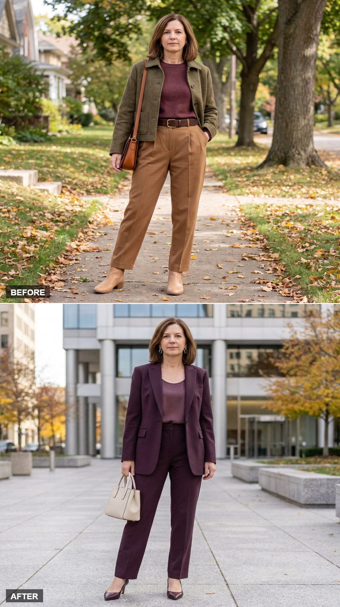 Aubergine Head-to-Toe Tailoring With Pointed Pumps Creates One Unbroken Vertical Line
