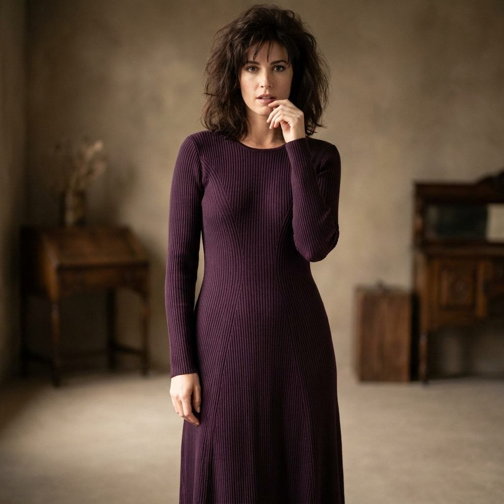 Aubergine knit dress with princess seams and a shaped waist