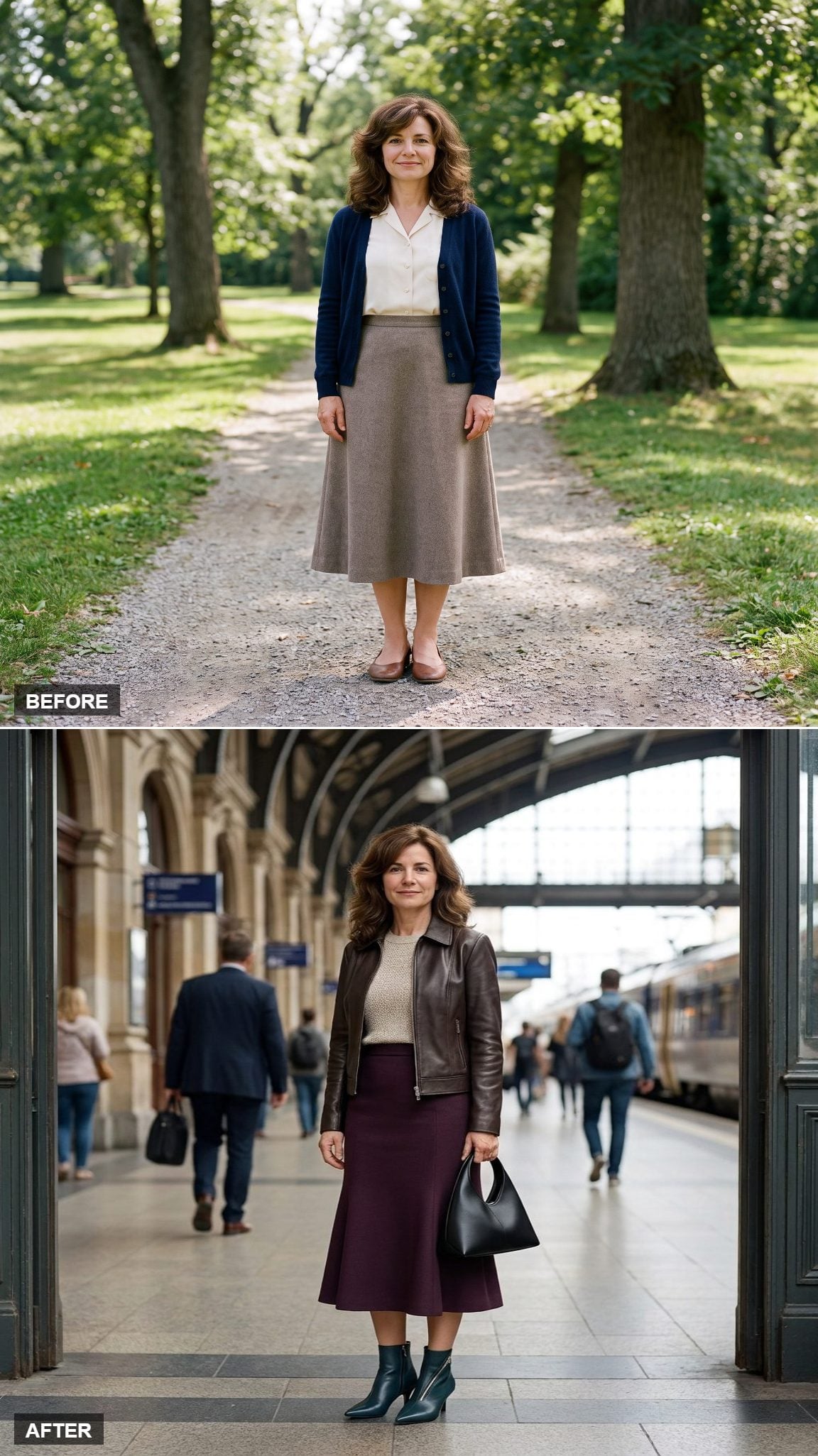 Aubergine Trumpet Midi with a Stone Shell, Espresso Leather Jacket, and Teal Kitten Boots at the Train Station