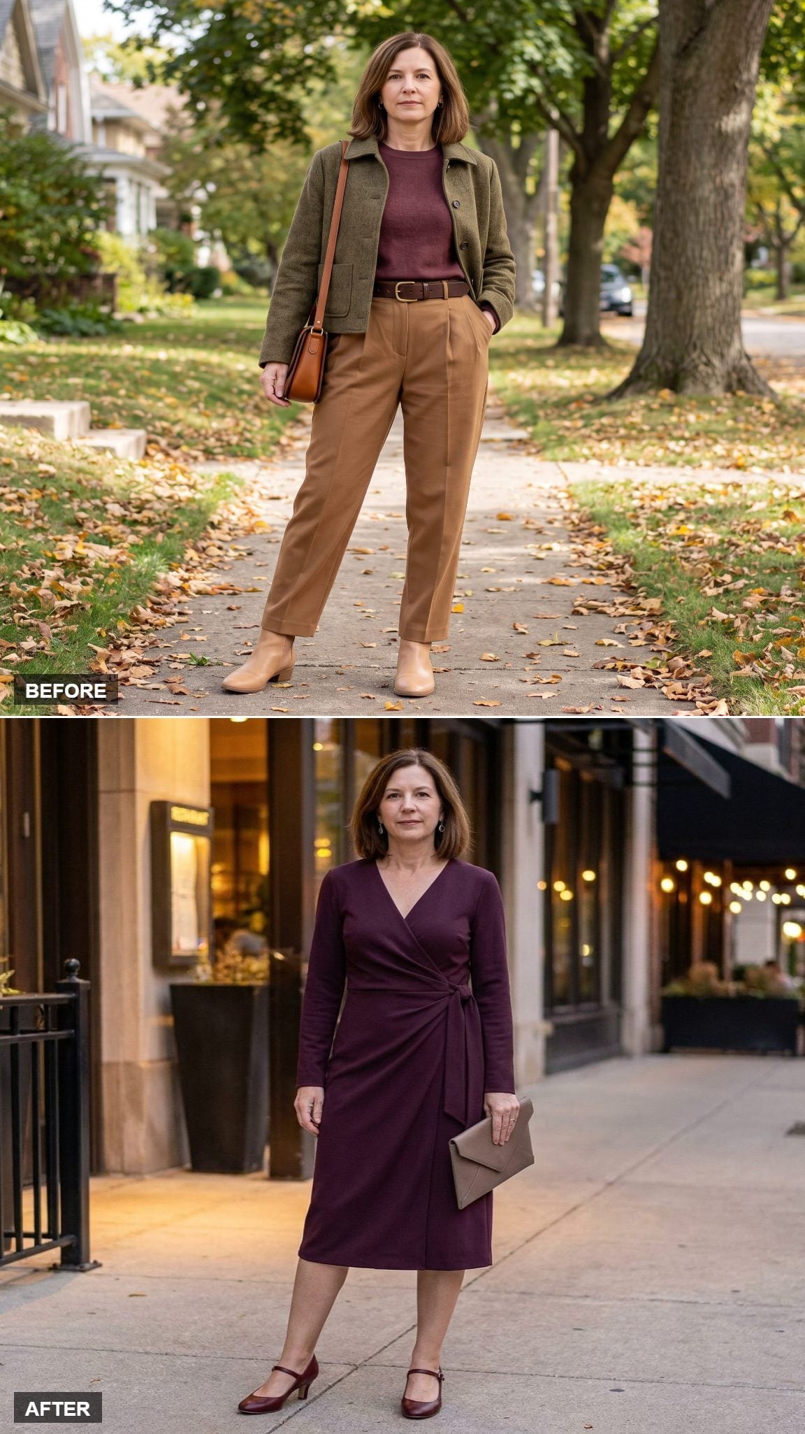 Aubergine Wrap Midi Dress in Matte Crepe With Oxblood Mary Janes and a Taupe Clutch