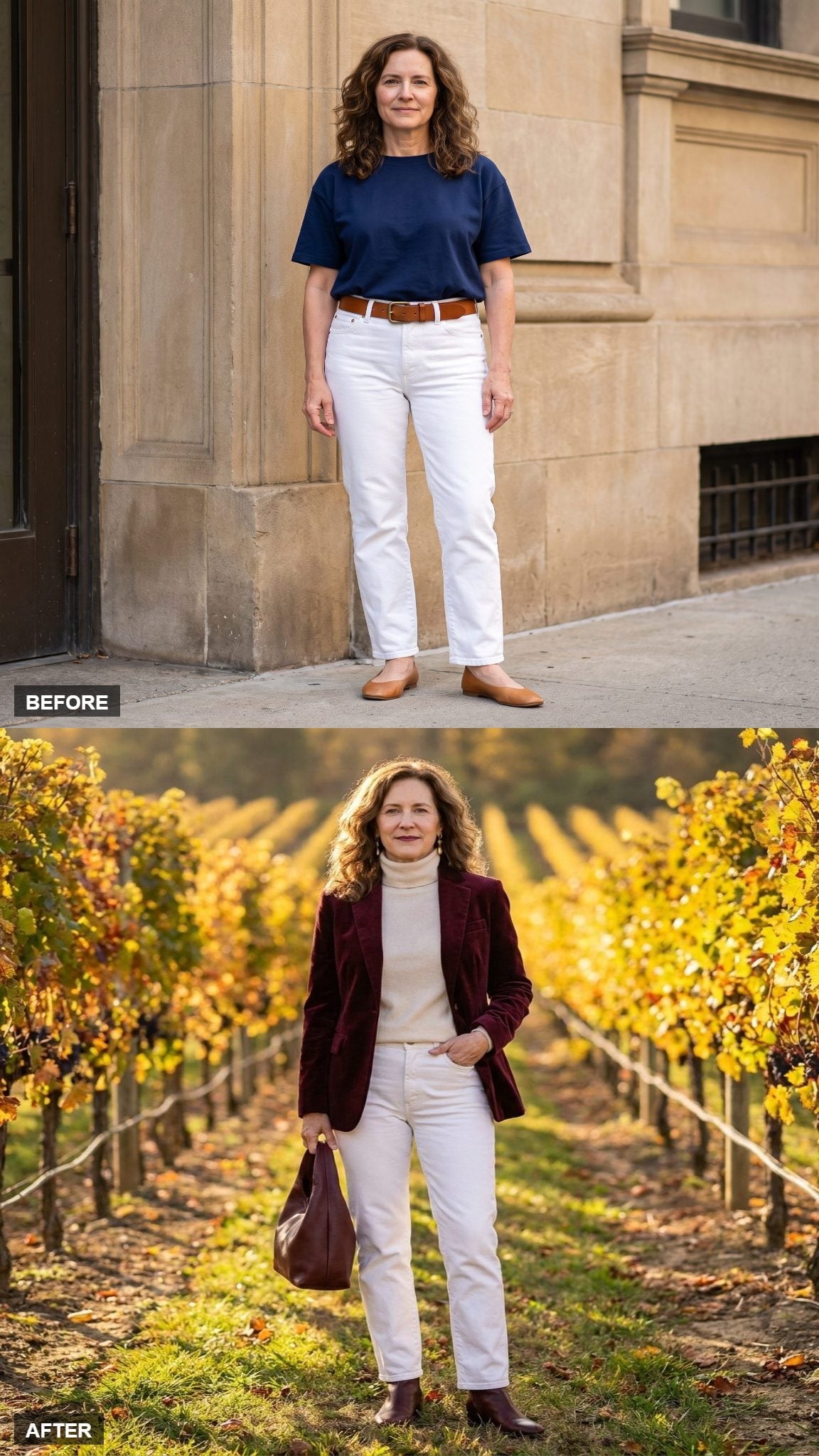Autumn Vineyard Walk in Burgundy Velvet and Cream