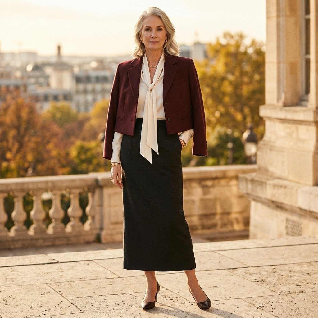 Black Column Skirt, Ivory Soft-Tie Blouse, and Burgundy Jacket