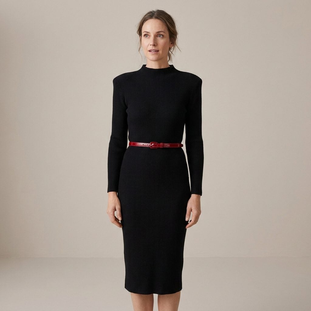 Black Knit Dress Cinched with a Narrow Red Belt