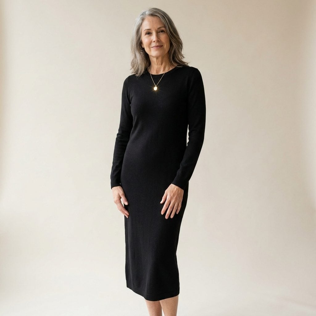 Black Long-Sleeve Knit Dress With a Single Gold Pendant