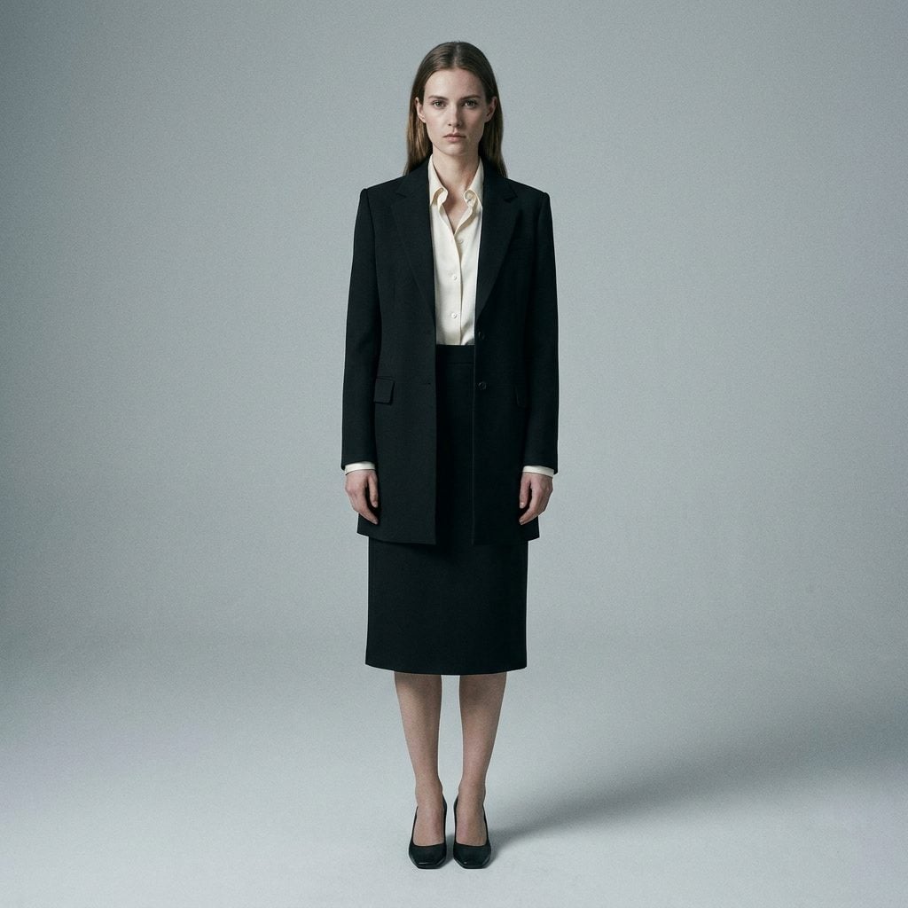 The Black Longline Jacket, Cream Blouse, and Matching Skirt