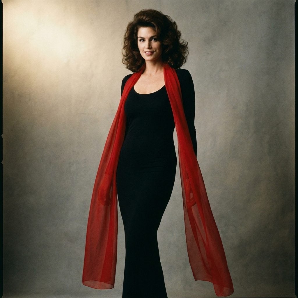 Black stretch dress with a long red scarf hanging vertically