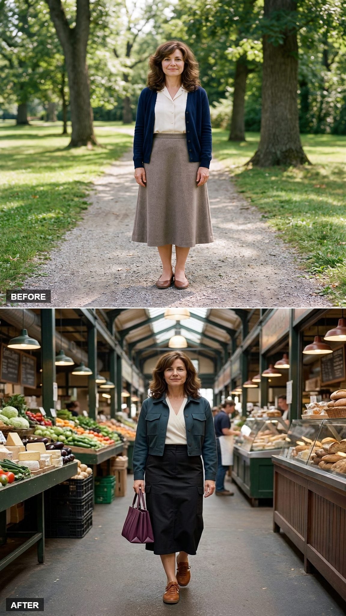 Black Technical Cargo Midi with an Ivory Wrap Knit, Dark-Teal Jacket, and Plum Accordion Bag at the Market