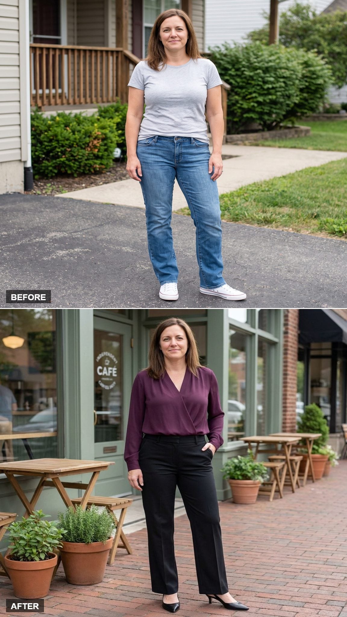 Black Trouser Jeans, a Deep-Plum V-Neck, and Pointed Slingbacks at the Neighborhood Café