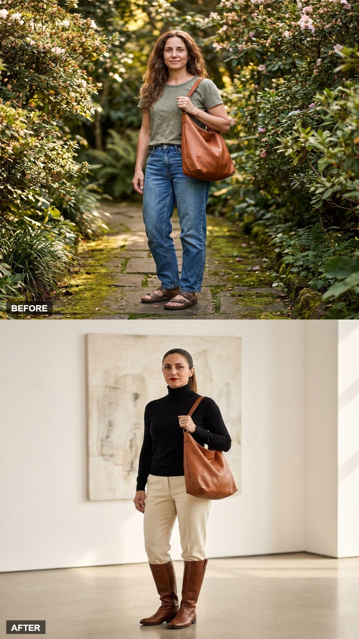 Black Turtleneck, Cream Trousers, Riding Boots