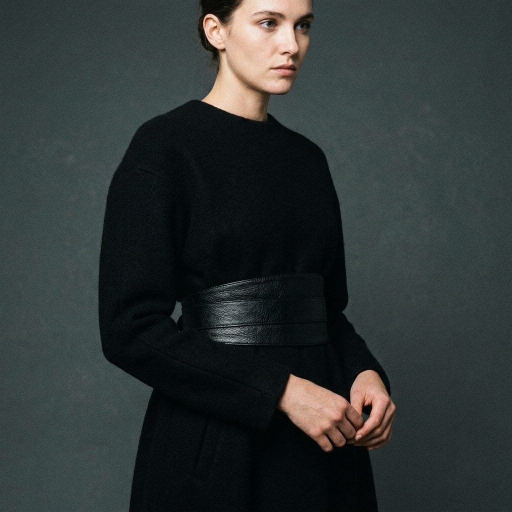 Black wool dress with a wide black belt, burgundy pumps, and an oxblood bag