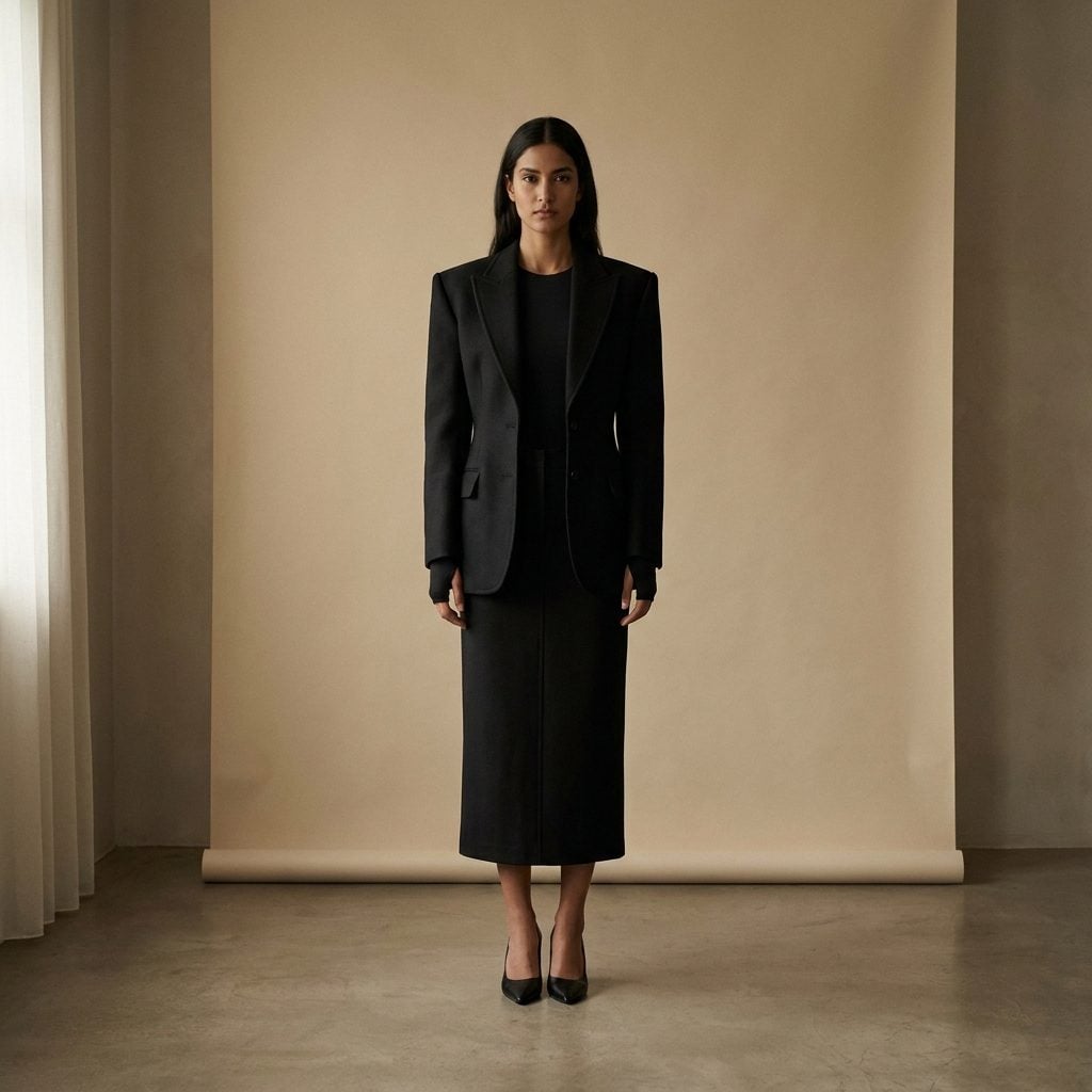 Black wool jacket, straight skirt, and bodysuit with dark hosiery