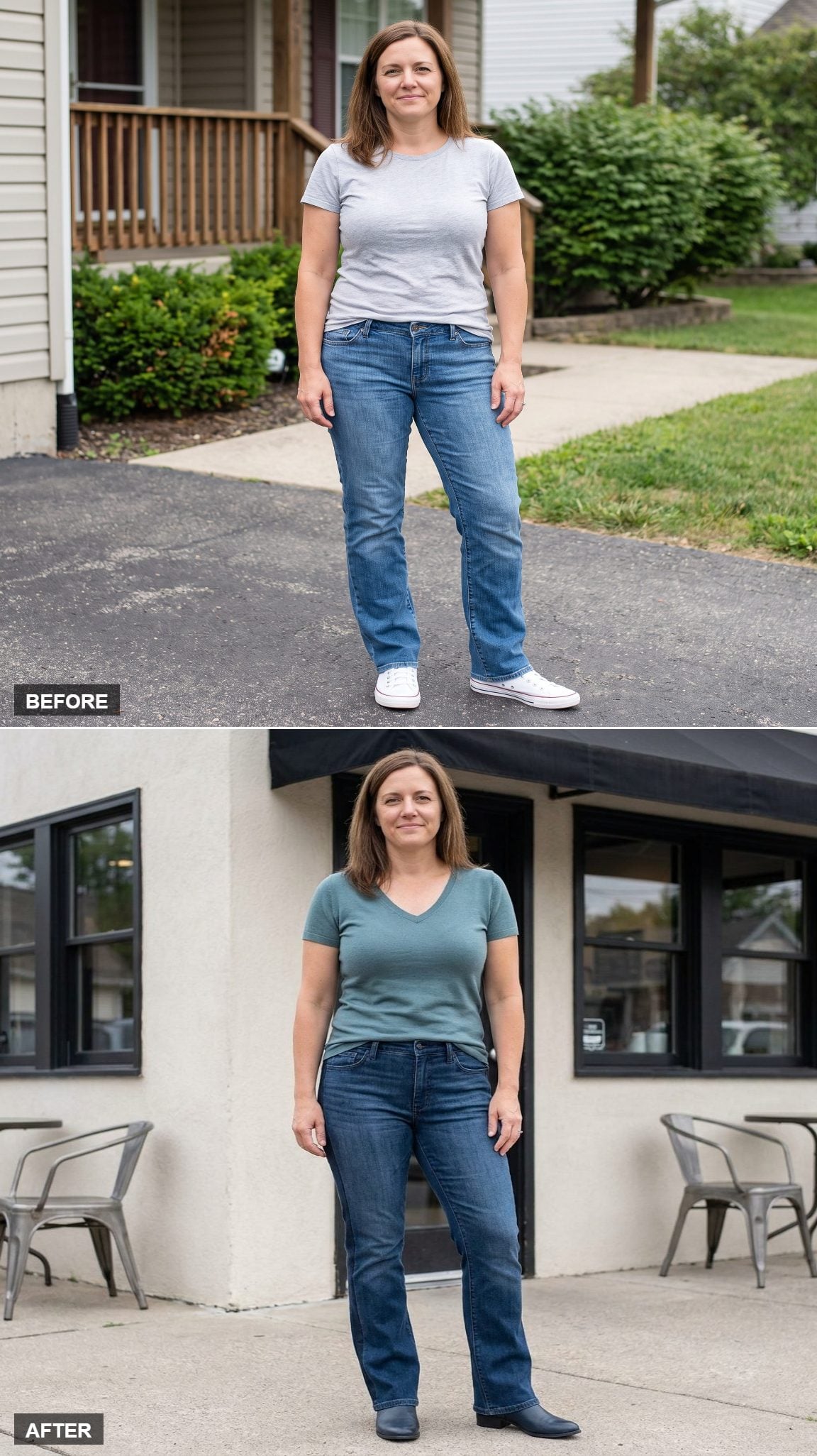Blue-Black Bootcut Jeans with Vertical Side Panels, Muted-Teal V-Neck Knit, and Sleek Ankle Boots at a Coffee Shop