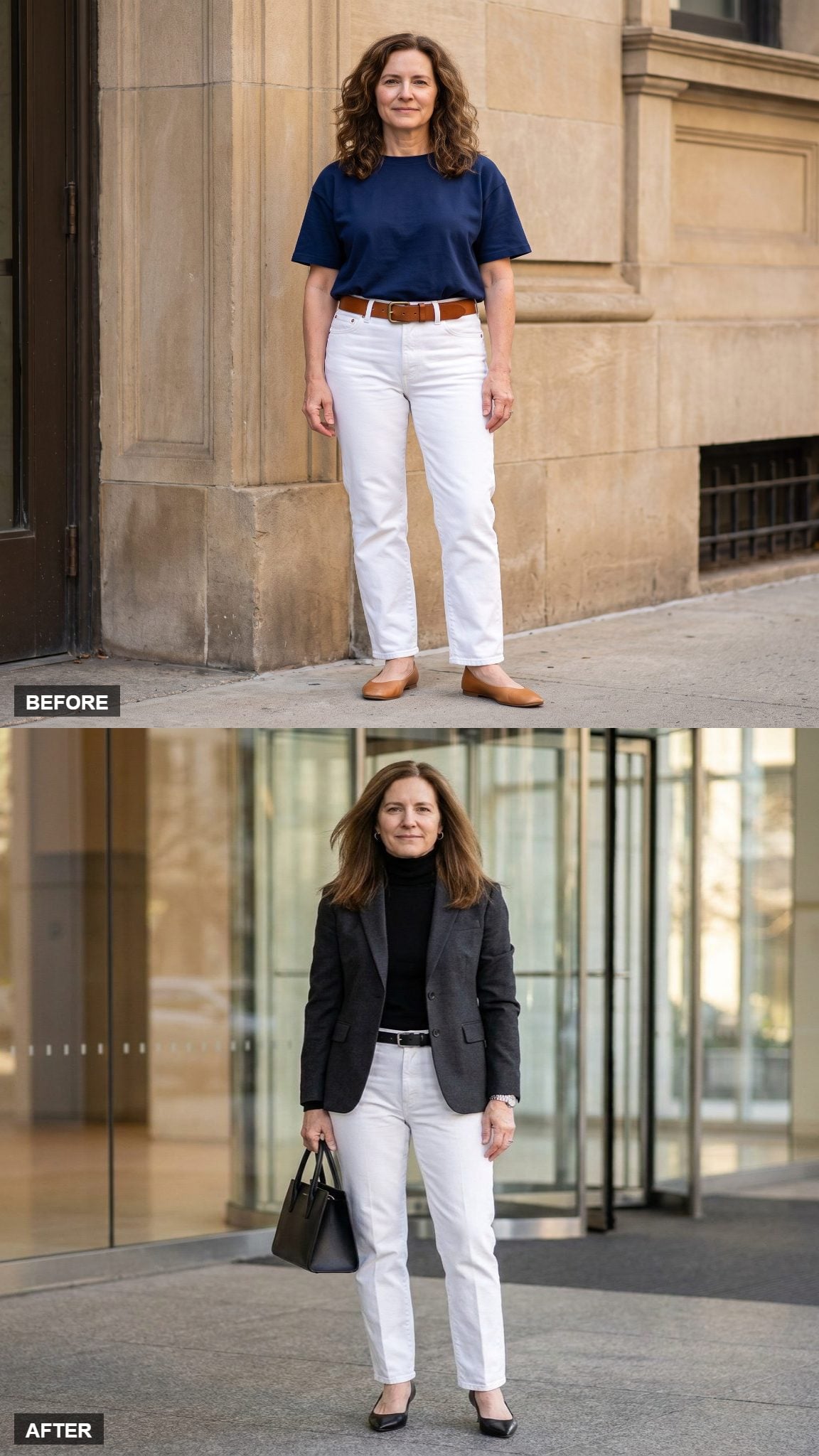 Boardroom Command in Charcoal Blazer and White Denim
