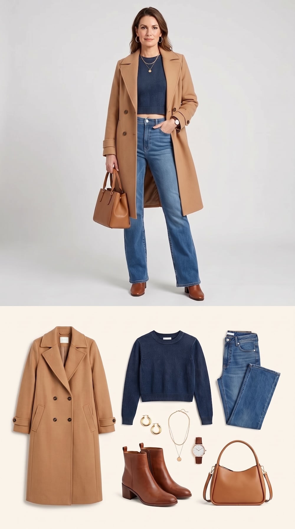 Camel wool coat with navy cropped sweater and bootcut jeans