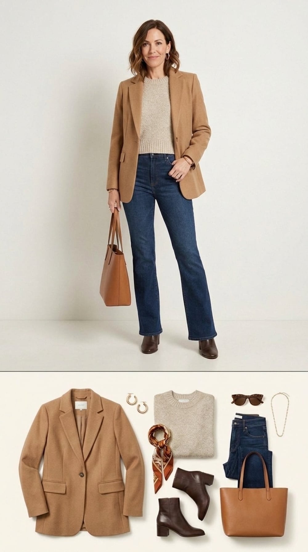 Camel blazer with oatmeal sweater and bootcut jeans